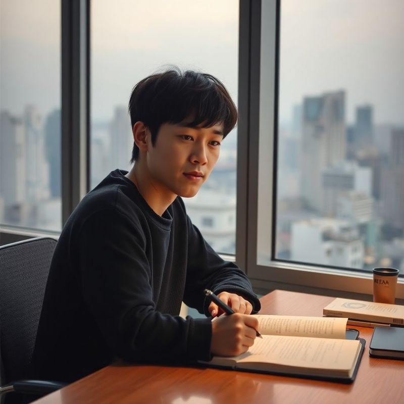 창가에서 서울 시내를 배경으로 앉아있는 젊은 한국 작가의 캔디드 초상