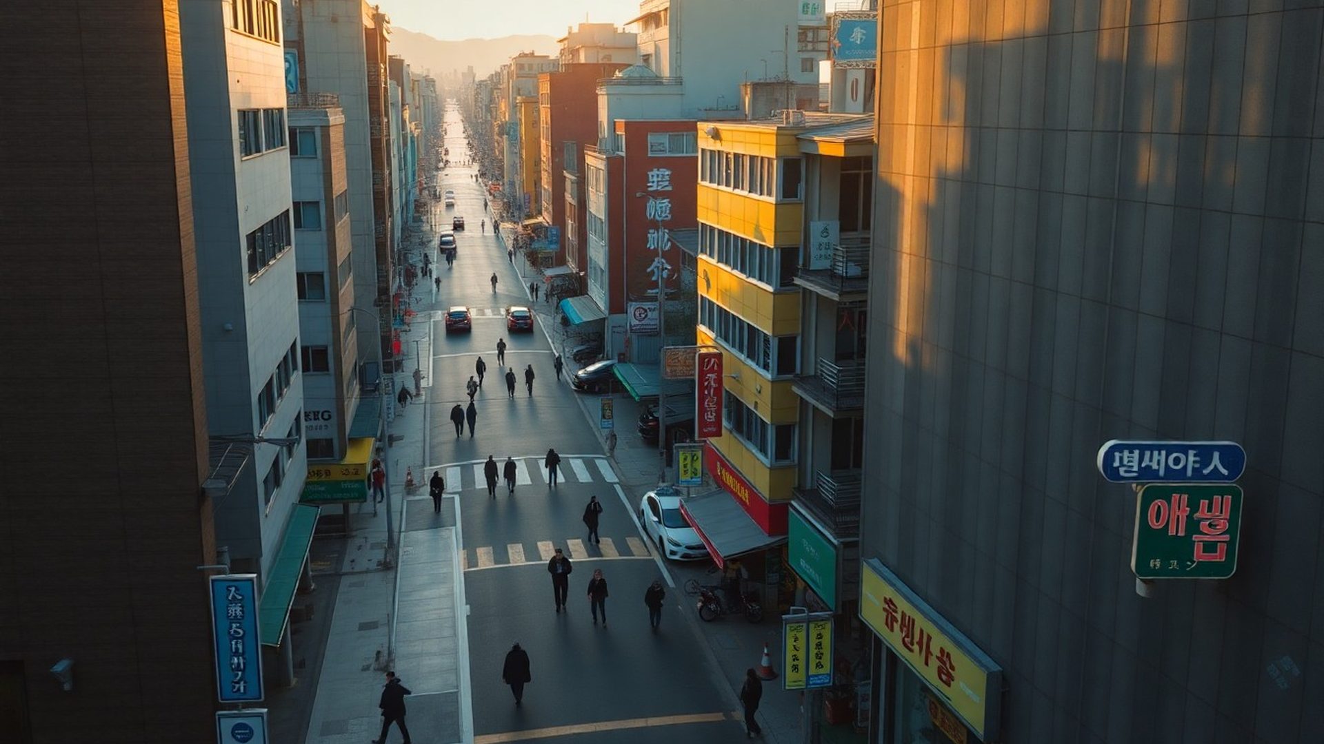 골든아워의 마포구 서울 거리 항공 사진