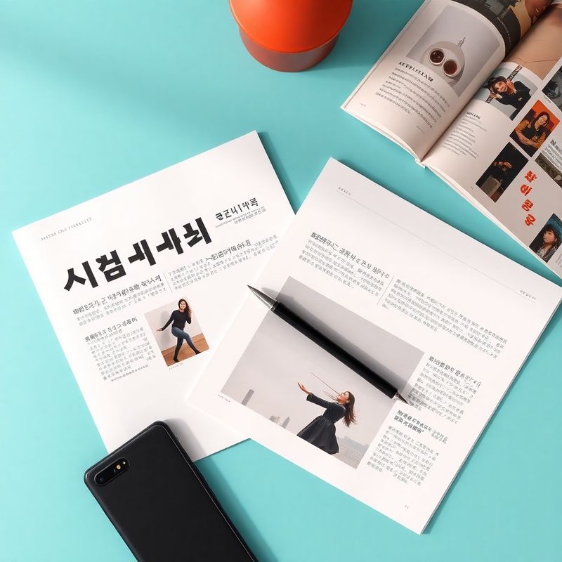 책상 위 한국 잡지 페이지와 펜의 오버헤드 플랫레이