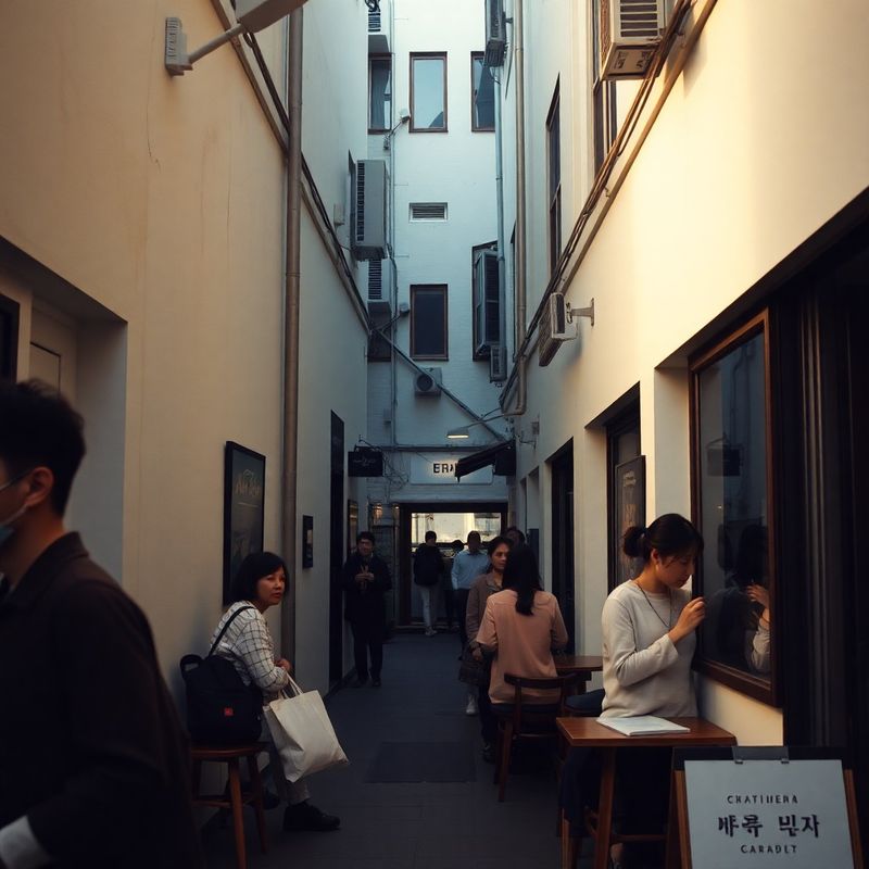 흰 벽에 아침 햇살이 비치는 합정동 카페 골목의 캔디드 스트리트 사진